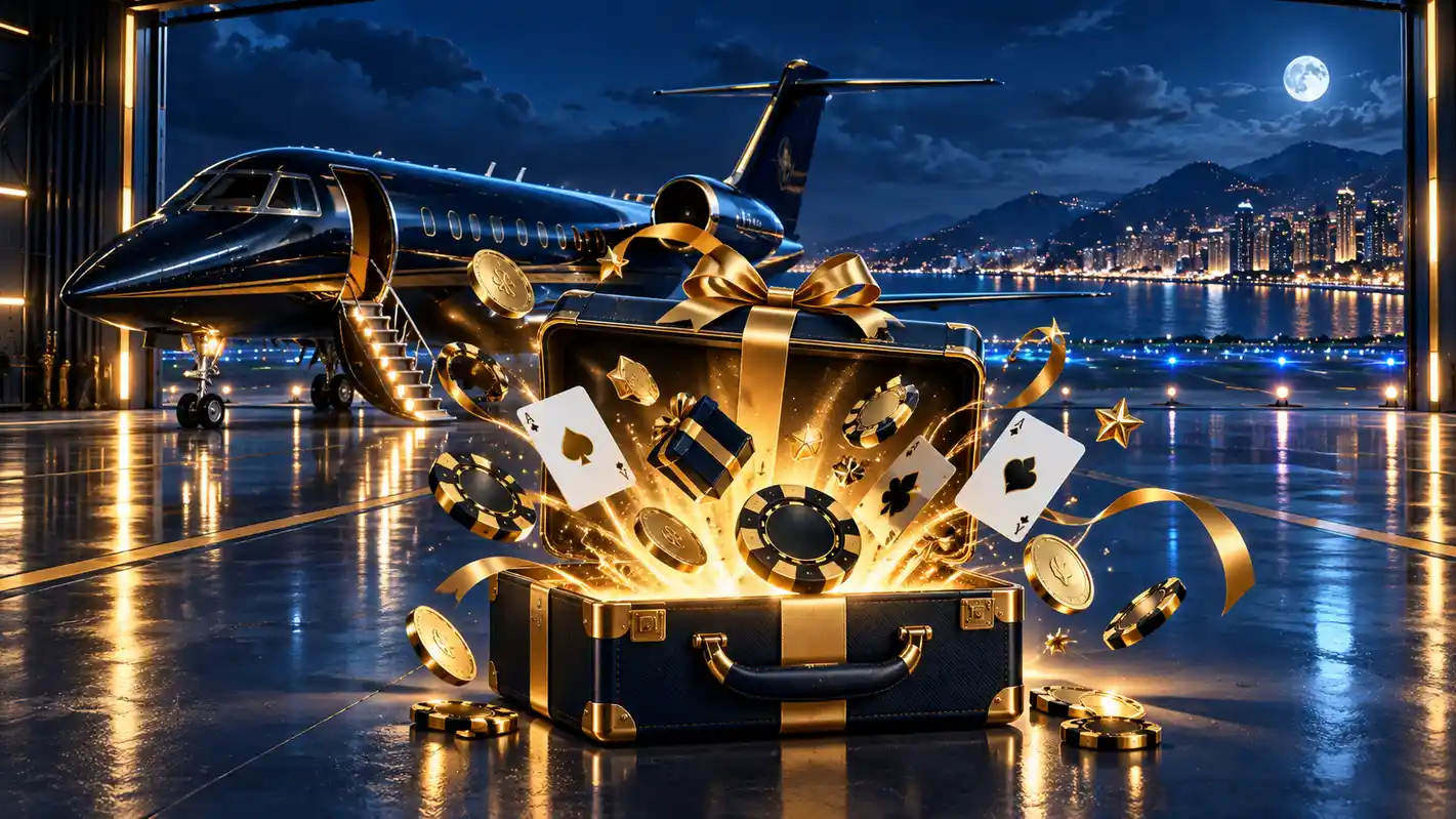 Betnjet Casino welcome bonus shown beside a private jet